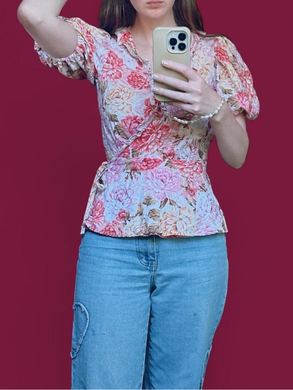 Portmans linen wrap top with puff sleeves